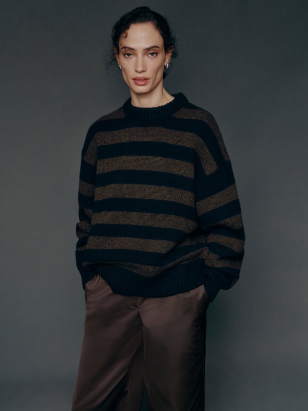 Gwen Oversized Regenerative Wool Sweater - Navy Espresso Stripe